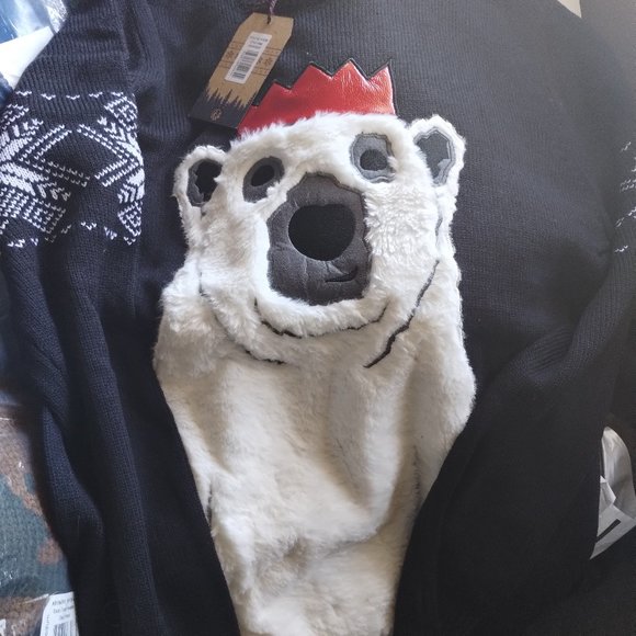 Seasons Greetings Polar Bear Soft Fur Sweater Dark Navy Blue - Picture 1 of 3